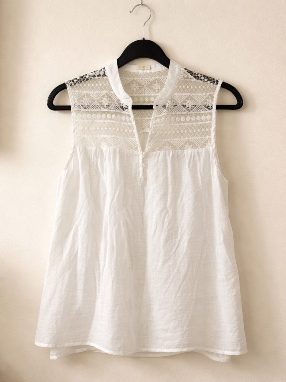Sleeveless White Lace Yoke Blouse